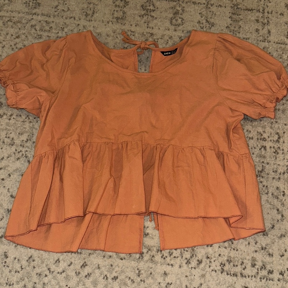 NWOT Orange Puff Sleeve Open Tie- Back Peplum Blouse